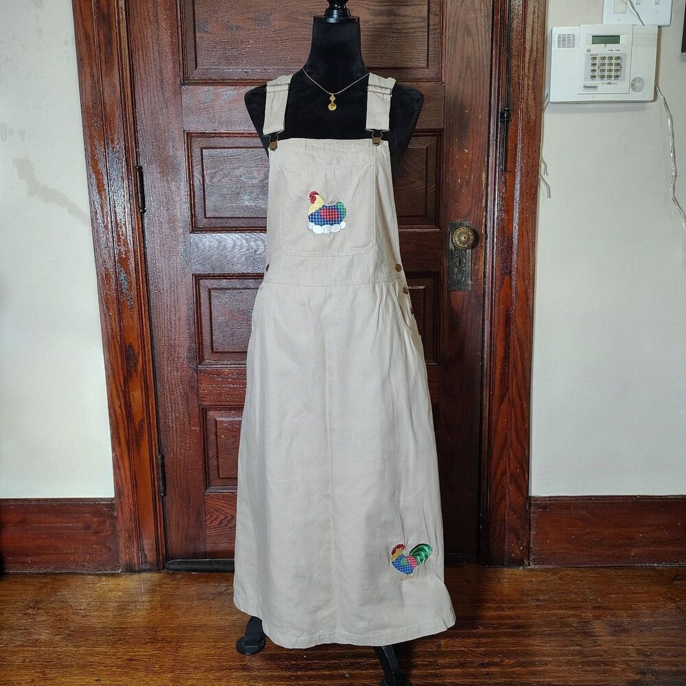 Country Khaki Embroidered Chicken VTG Maxi Overall Dress Farm Girl/T718